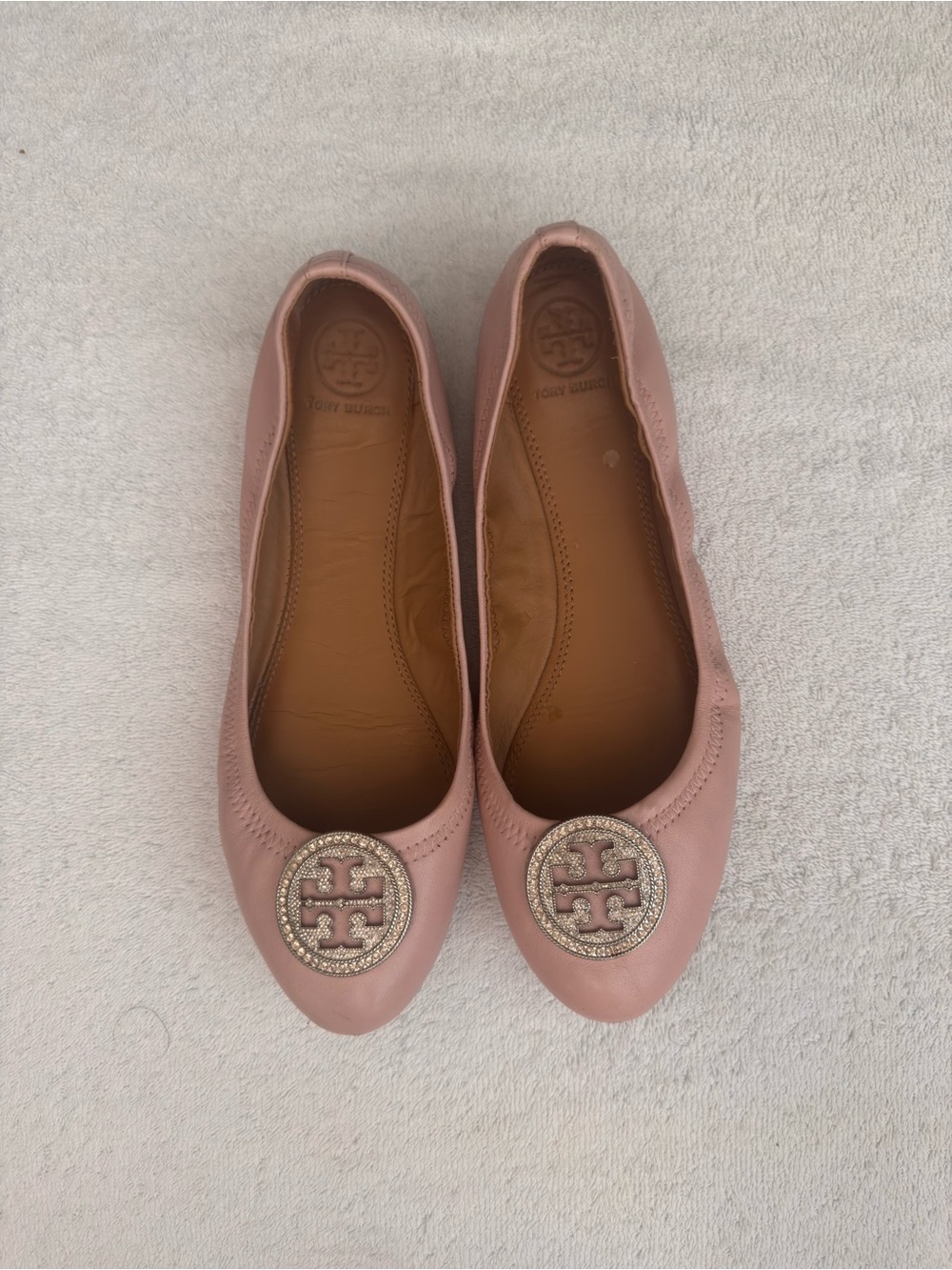 Tory Burch Blush Pink Leather Logo Ballet Flats Size 8.5